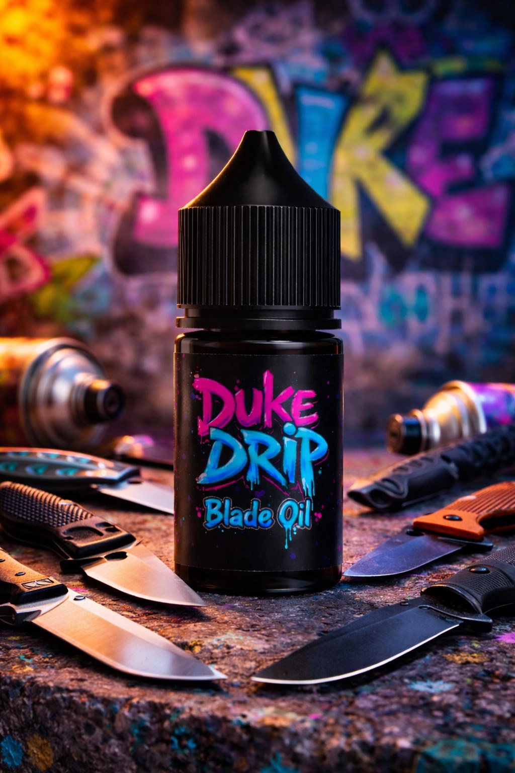 Duke Drip Blade Oil bottle with knives and graffiti-style text in the background